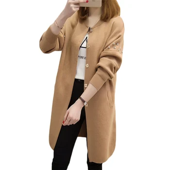 

2019 Spring Autumn New Cardigan Sweater Womens Korean Jacket long loose Sweaters Women Fashion V-neck Khaki Casual Sweaters F233