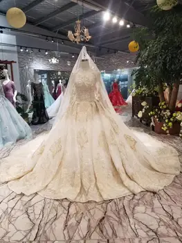 شراءالفاخرة دبي الكرة ثوب فساتين الزفاف مع الحجاب الكامل كم الذهب يزين فساتين زفاف مطرز كاتدرائية قطار رداء دي Mariee