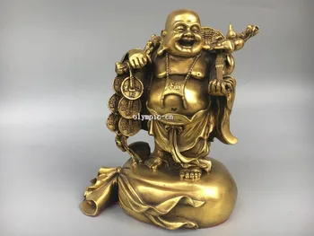 

10''Classica Brass carved wealth RUYI Gourd Lucky buddha on Gold sack bag statue