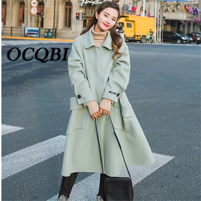 Causal Loose Long Wool Coat Elegant Korean Women Style Pocket High