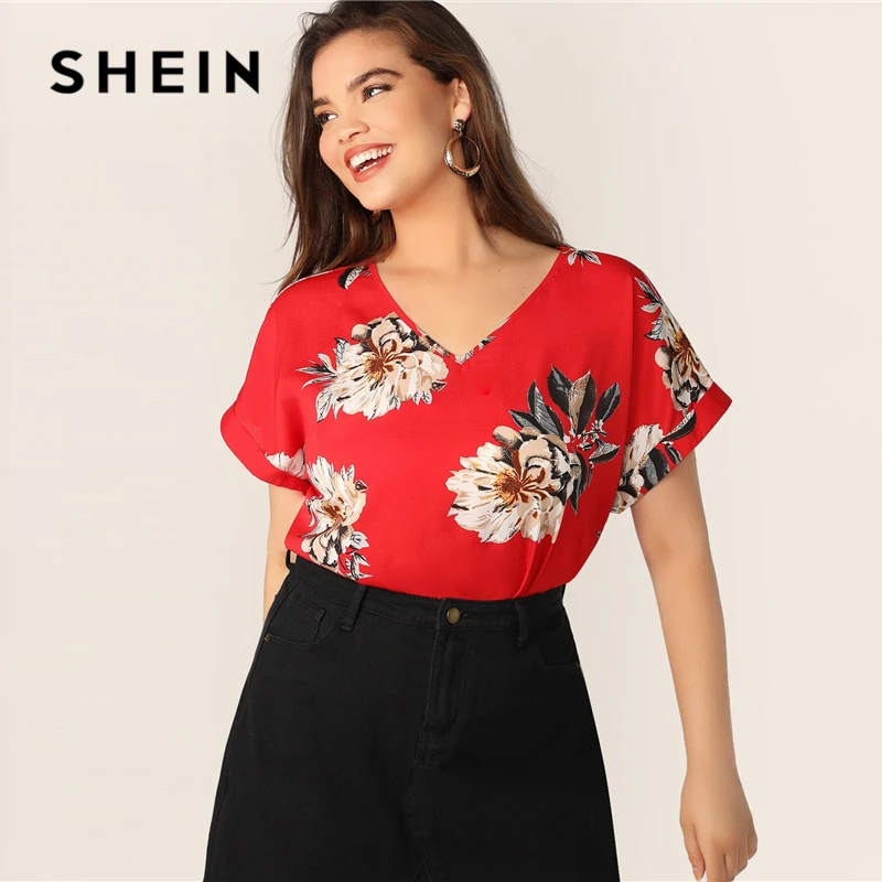 SHEIN زائد حجم الأحمر الأزهار طباعة جاكيت بلوزة 2019 المرأة الصيف بوهو V الرقبة قصيرة الأكمام عطلة البلوزات قميص