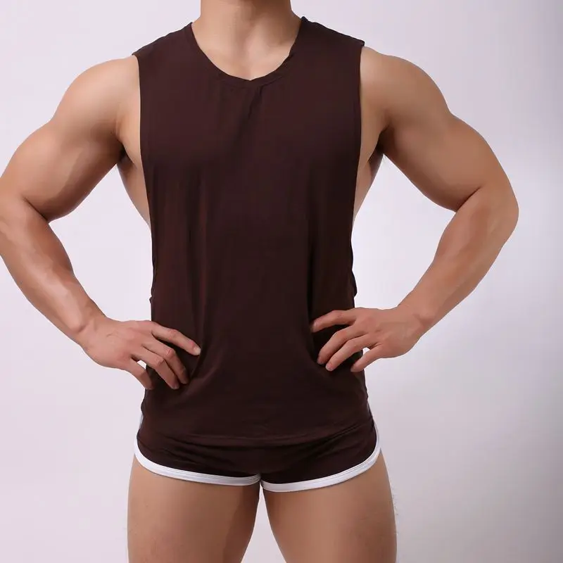 Mens Sexy Cotton Casual Tank Top Men Sleeveless Tops Bodybuilding Undershirts Gay Mens Low Cut Fashion Loose Vests+Boxers Sets - Цвет: coffee