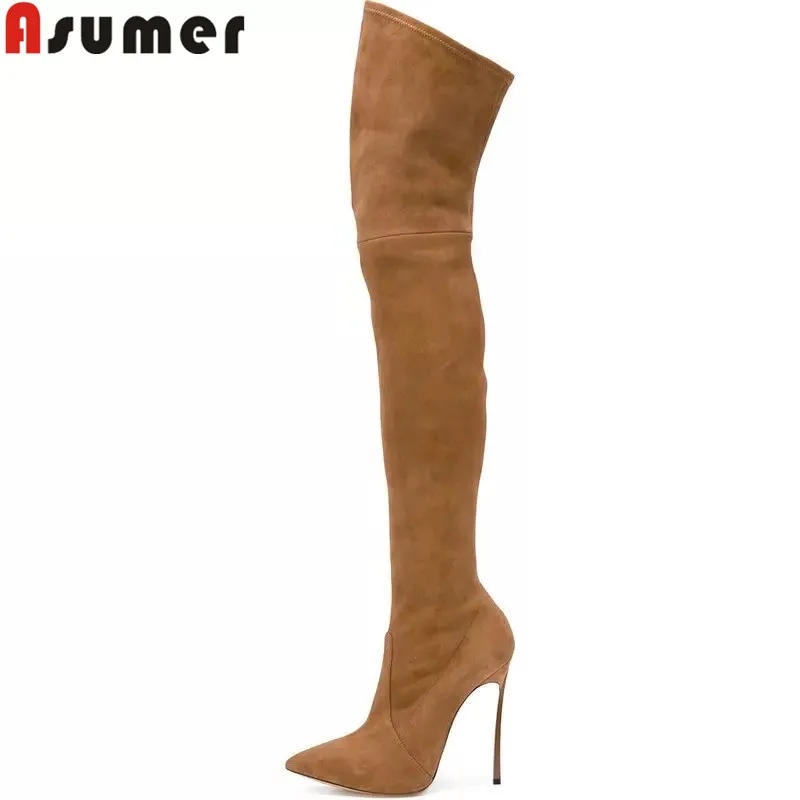 Dames brown Bottes Taille Genou Troupeau Talons 34 De Le Mince Noir Sur Mode Pointu Super Grande Hauts Haute 43 Asumer Bout 0nOk8PXw