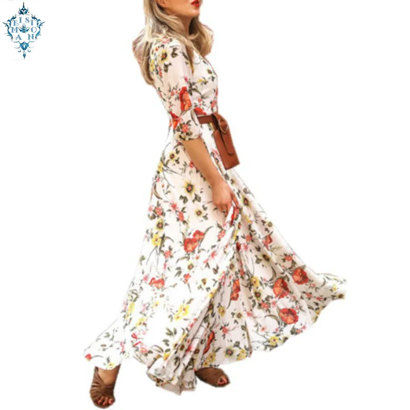 

Cuerly 2019 new Elegant lantern sleeve printed dress bohemian round collar nine-sleeved swagger skirtdress summer party dresses
