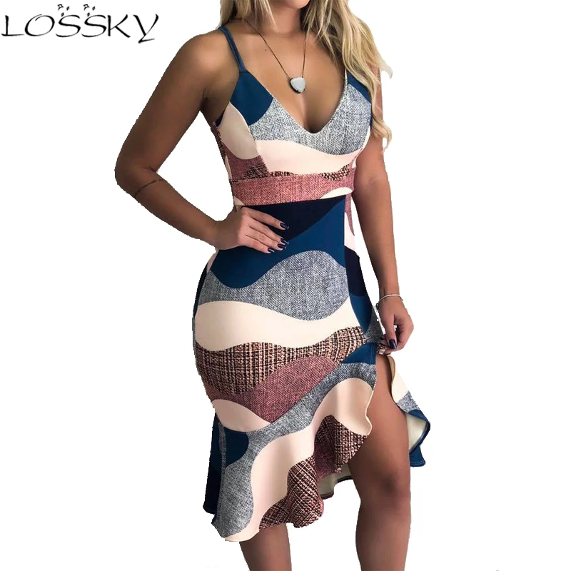 

Print Spaghetti Strap Bodycon Dress Women Sexy Summer V Neck Sleeveless Backless Ruffles Hem Party Dresses Female Vestidos