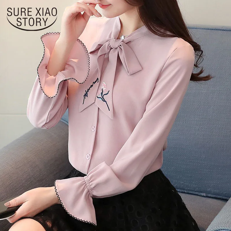 

2018 fashion autumn women blouse new flare sleeves stand collar long sleeves trim OL style women top slim fit blusa 0926 40