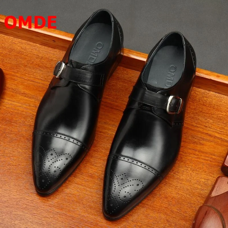 OMDE Pointed Toe Leather Shoes Men Brogue Buckle Formal Shoes Luxury Men's Slip On Wedding Shoes Mens Loafers Dress Flat Shoes