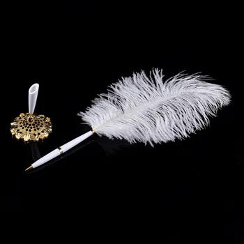 

Feather Signing Wedding Pen White Feather Long Guest Business Book Signing Pen Ostrich Feather Holder Color Silver/Gold