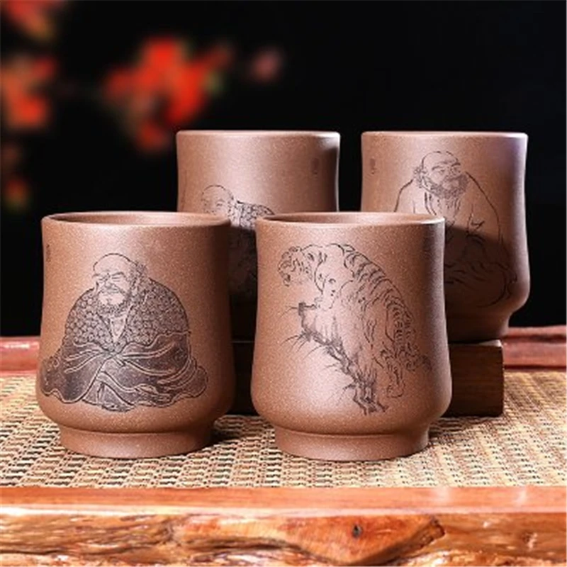 handmade chinese gift tea cups carving kung fu tea set real purple clay sand zisha yixing teapot wholesale master cup tea cup