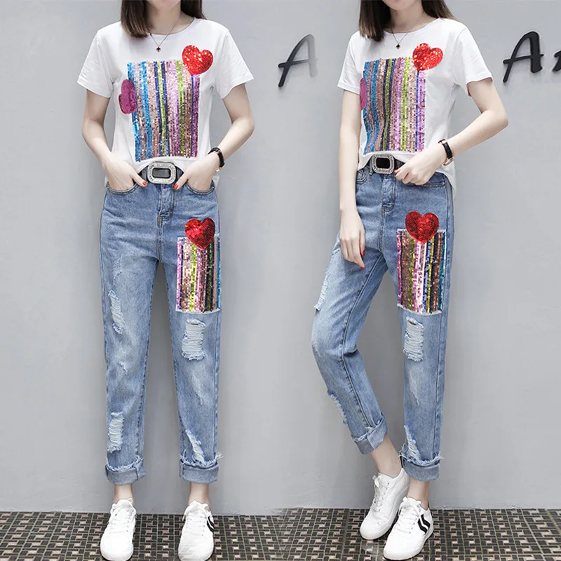 

Set women's new fashion sequins printed short-sleeved T-shirt + hole casual jeans two-piece suit women's clothing