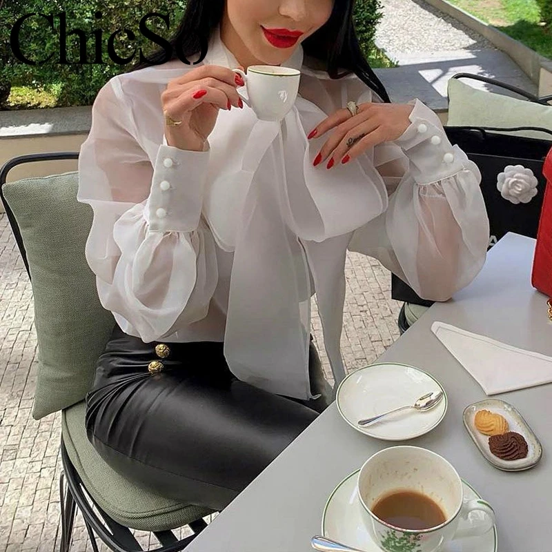 

MissyChilli White mesh transparent blouse shirt Long puff sleeve elegant top shirt Women summer autumn sexy office female blouse