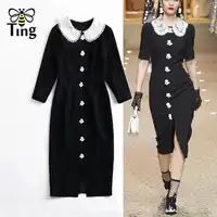 Tingfly Fashion Runway Style Herpburn Vintage Lace Flower Pearl Partchwork Black Dress Lady Elegant Midi Party Dresses Bodycon