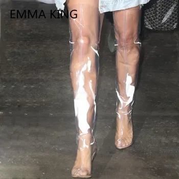 

2019 PVC Transparent Women Thigh High Rubber Boots Pointed Toe Sexy Clear High Heels Shoes Woman Over The Knee Rain Boots Mujer