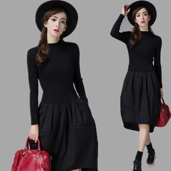 

elegant Long sleeve OL O-neck long Sweater dress women knit Autumn Winter dress female Slim A-line basic dress casual 4 Styles