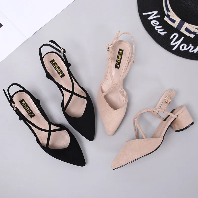 

2019 Plus Size 34-41 Women 5.5cm High Heels Low Block Low Heels Slingback Sandals Sandles Lady Summer Strappy Black Shoes YGH-74