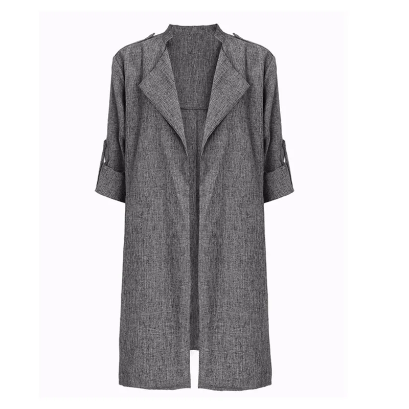 Весенняя женская тонкая верхняя одежда Повседневная ветровка плащ пальто европейский стиль льняной Кардиган Куртка американского размера плюс S-7XL - Цвет: Gray