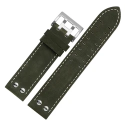 Premium Genuine Khaki Leather Watchband Strap - Classic Jazz Design - 20mm (Green white B)