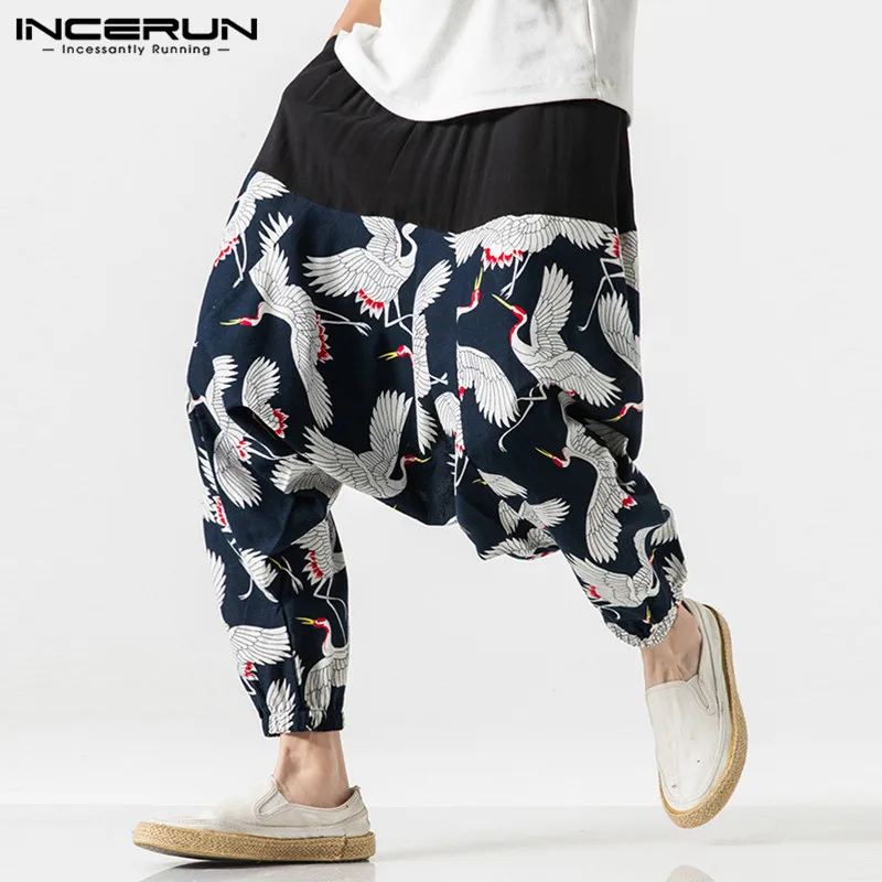 INCERUN Men Harem Pants Print Elastic Waist Drop Crotch Pants Joggers Hip-hop Retro Chinese Style Loose Cotton Trousers Men