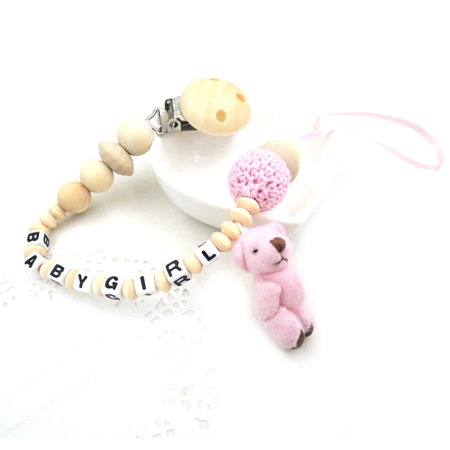 Hot sale cute PLUSH bear charm cartoon customize name pacifier chain  pacifier holder new born gift  cheap pacifier CB05