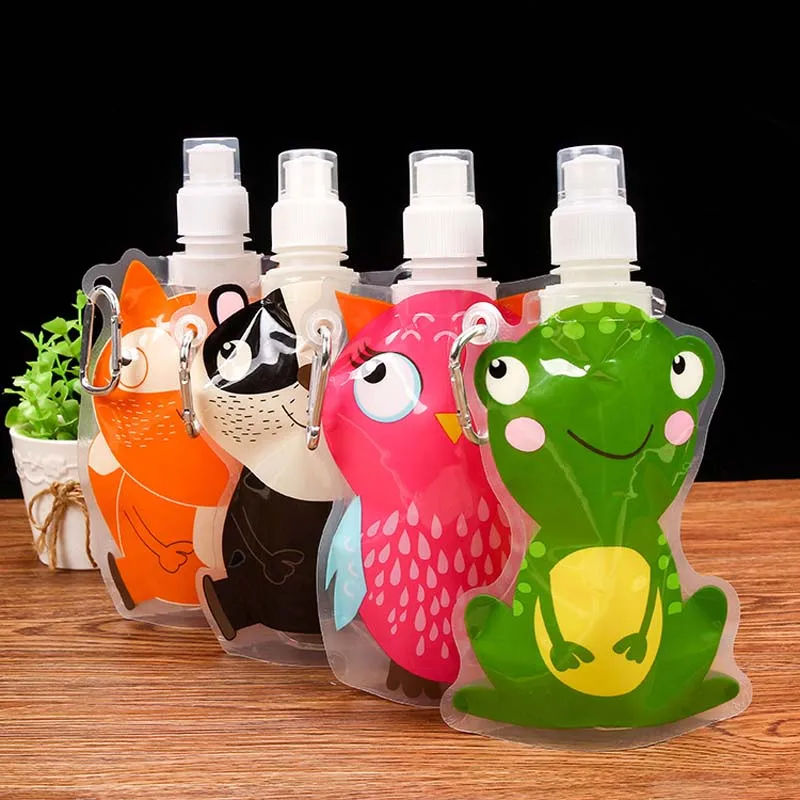 

10 Pcs Hot New 360ml Eco Friendly Foldable Cartoon Baby Water Feeding Bag Cups Travel Drink Bottle Safe for Kids