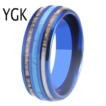 

Wedding Band Rings Blue Tungsten Rings 8MM Width Antler Turquoise Inlay Ring Charm Party Rings for Women Men's Jewelry
