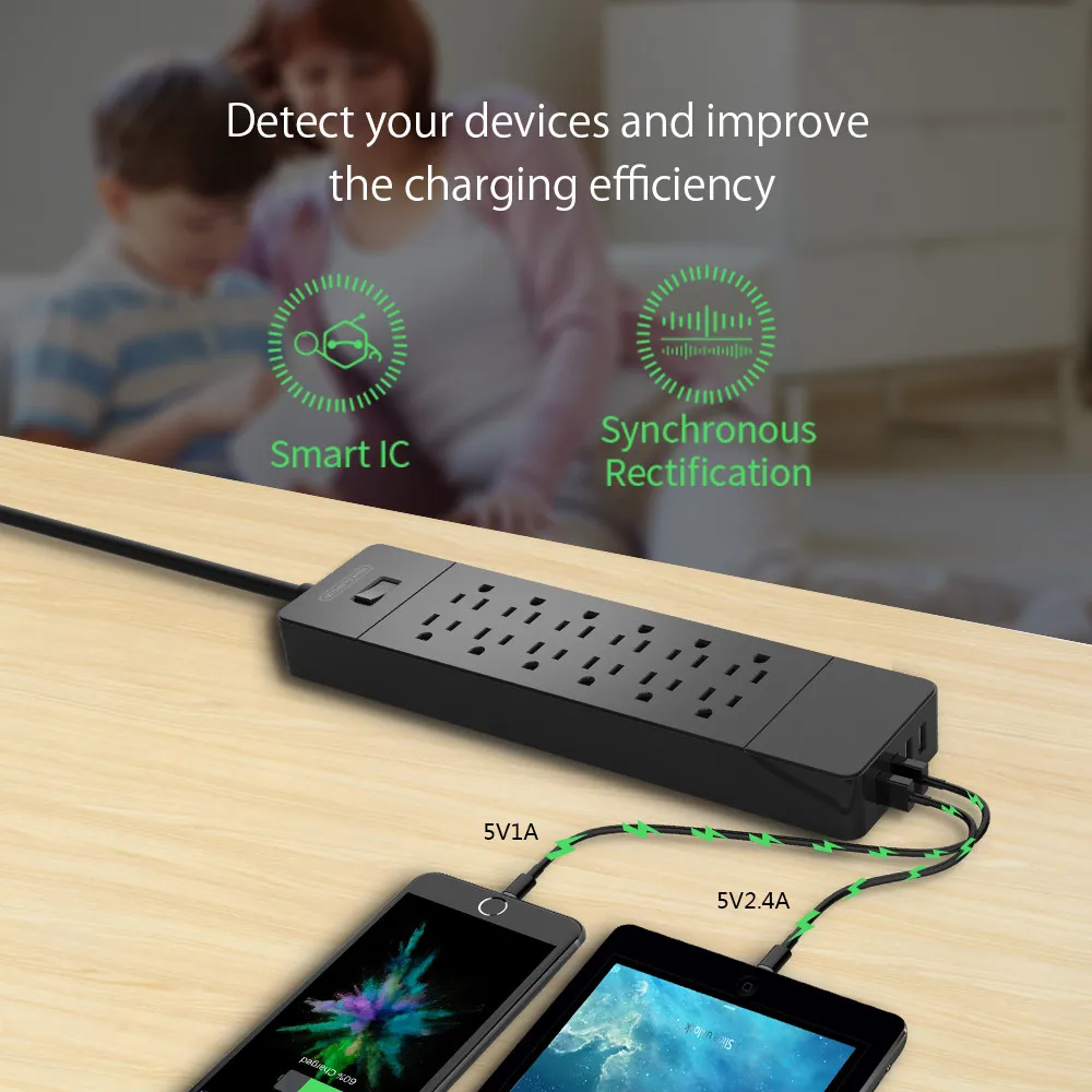 NTON POWER USB Power Strip Защита от перенапряжения штепсельная вилка США 12 розеток