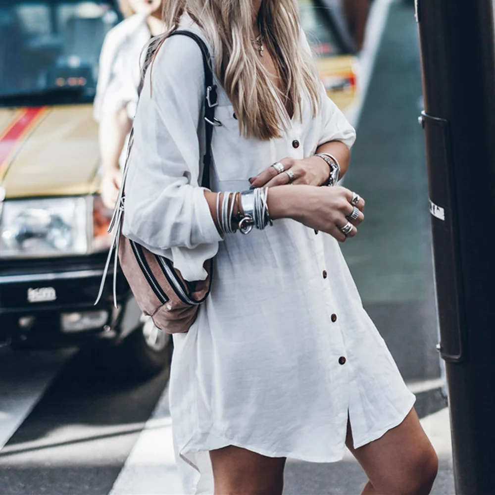 Loose Dress Long Sleeve Solid White Black Women