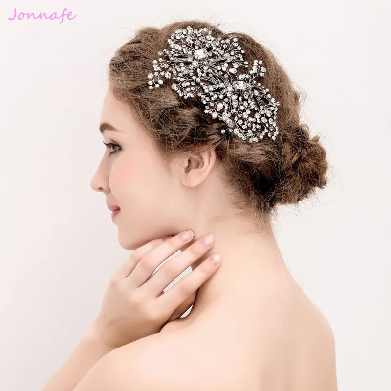 

Jonnafe Silver Color Rhinestone Hair Piece Bridal Clips Handmade Wedding Hair Comb Accessories Women Hairwear Jewelry