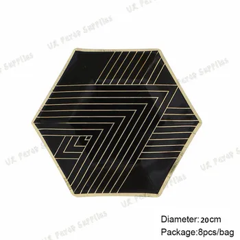 

120pcs 8 inch Paper Plate Black Gold Hexagonal Chevron Design Engagement Wedding bachelorette Bridal Shower Birthday Tableware