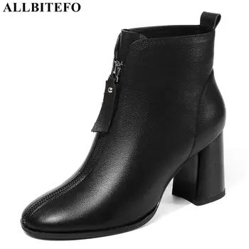 

ALLBITEFO square toe genuine leather sexy high heels women boots thick heel ankle boots for women high heel boots girls shoes