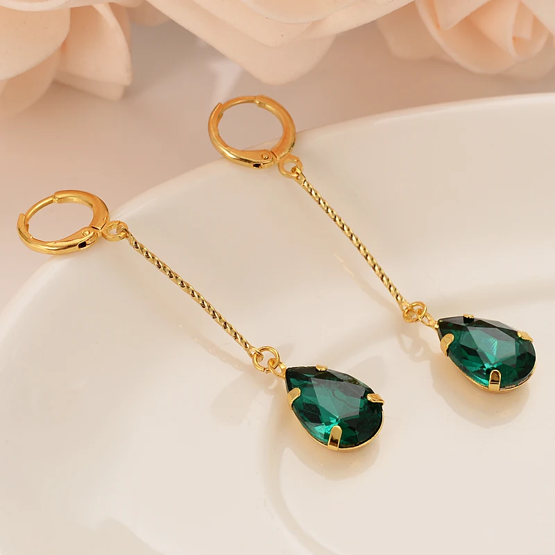 

Dubai India Africa gold plated earrings set with diamond emerald fringe girl lady engagement wedding jewelry as a gift