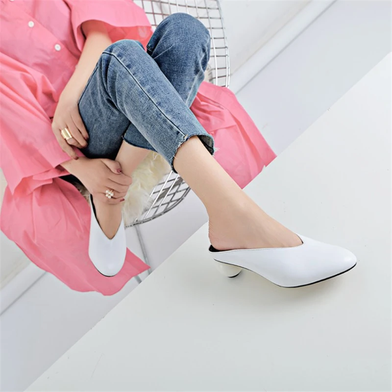 Ouqinvshen Spherical Heel Mules Shoes Round Toe Plus Size 34-43 Genuine Leather Yellow White Ladies Shoes Fashion Slippers Women Ouqinvshen Spherical Heel Mules Shoes Round Toe Plus Size 34-43 Genuine Leather Yellow White Ladies Shoes Fashion Slippers Women