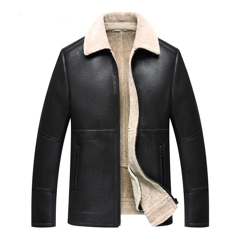 Mens Jacket Autumn And Winter New Self Cultivation Fur One Motorcycle Jacket Warm Plus Velvet Solid Color Lapel Short coat Men