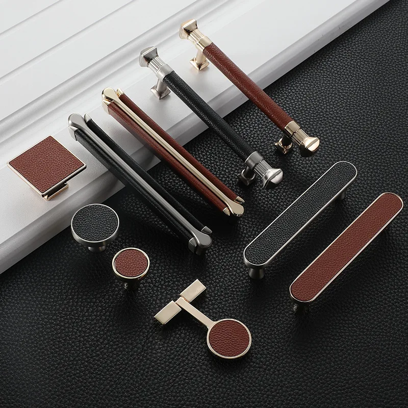 

JD 2Pcs Wardrobe Door Handle Red Leather Cabinet Knobs And Handles European Zinc Alloy Black Single Hole Drawer Furniture Handle