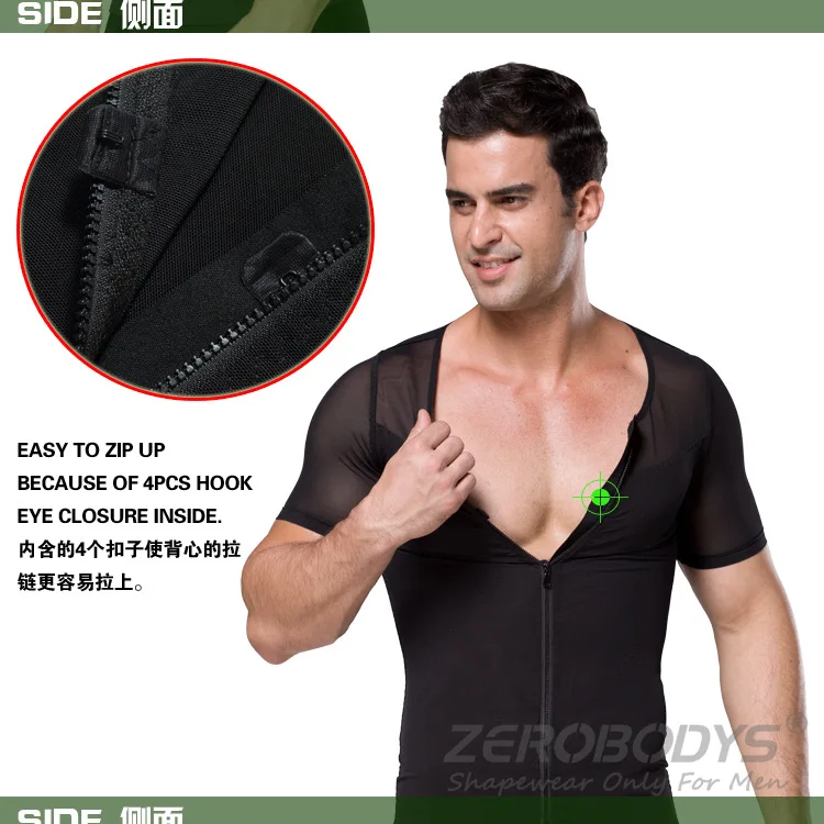 ZEROBODYS, Мужская облегающая эластичная ткань, на молнии, компрессионная, для живота, с контролем талии, cincher, короткий рукав, футболка 389
