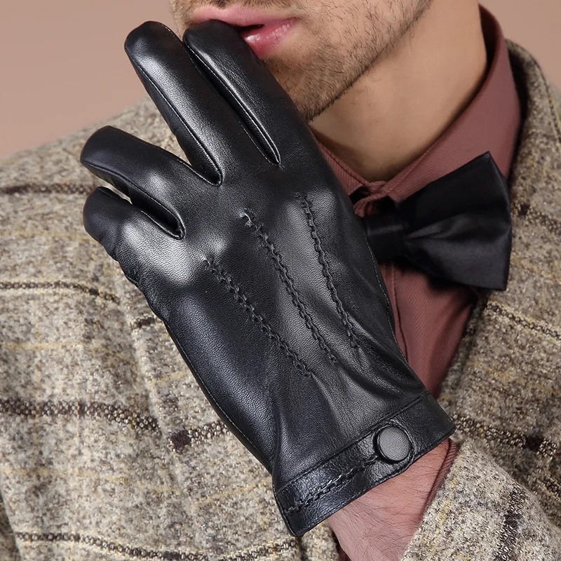 Genuine Leather Gloves Men Autumn Winter Goatskin Black Fashion Simple Driving Five Fingers Gloves Goatskin Mittens BM013