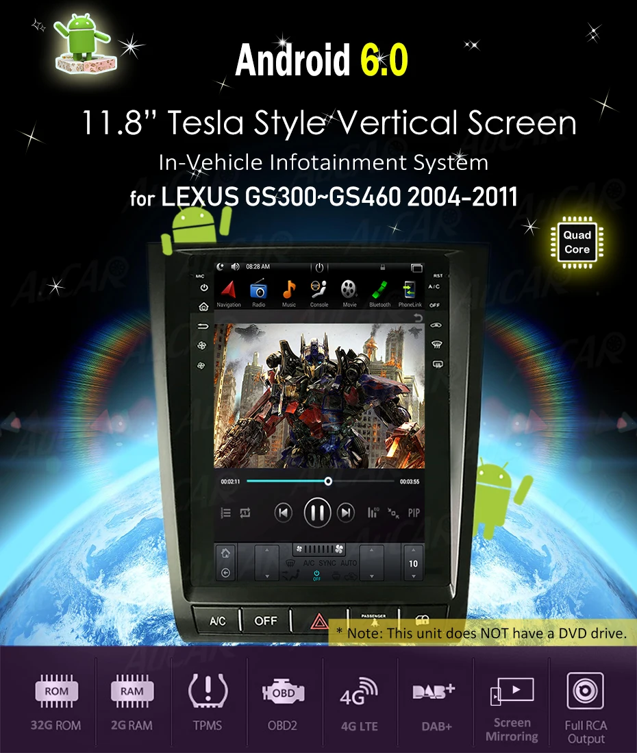 Top AuCAR 2 din Android 8.1 Tesla Style IPS Screen 12.1‘’ Car radio For Lexus GS300 GS350 GS400 GS430 GS460 1 din cassette player 6