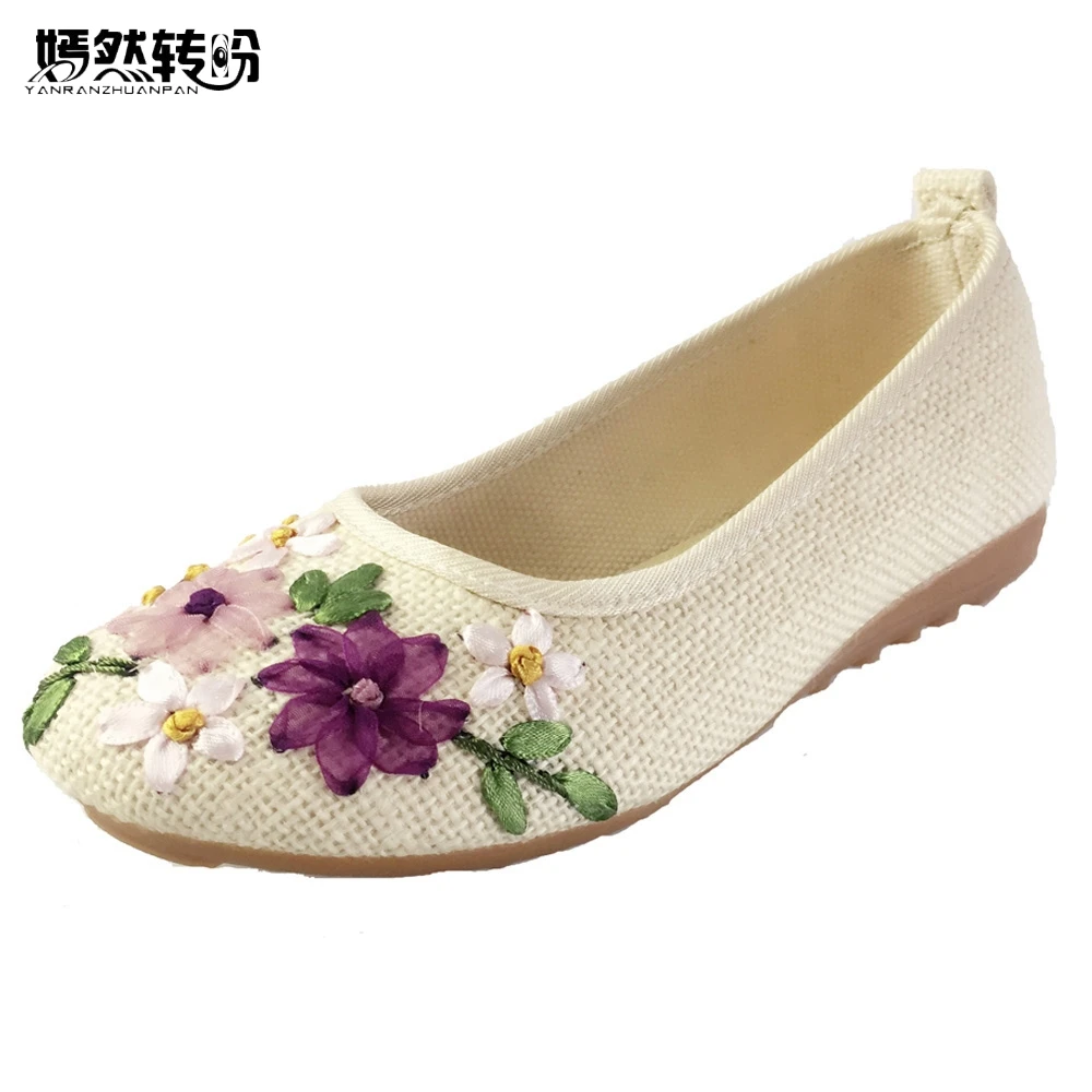 2016 Spring Retro Style Shoes Women Old Peking Flats Chinese Flower Embroidery Canvas Linen Shoes Sapato