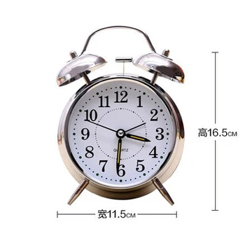 

Metal Silent 4'' Non-ticking Quartz Analog Clock Nightlight Twin Bell Alarm Clock for Office Living Room Home Decor -Silver