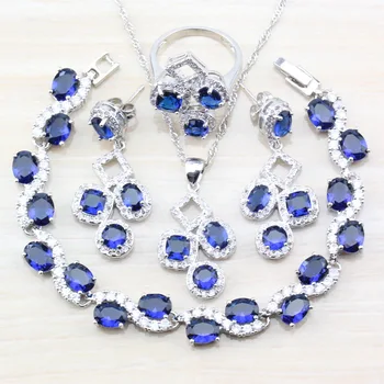 

Dubai Wedding Accessories Jewelry Sets For Women Costume Blue Stone CZ Long Stud Earrings&Necklace And Ring