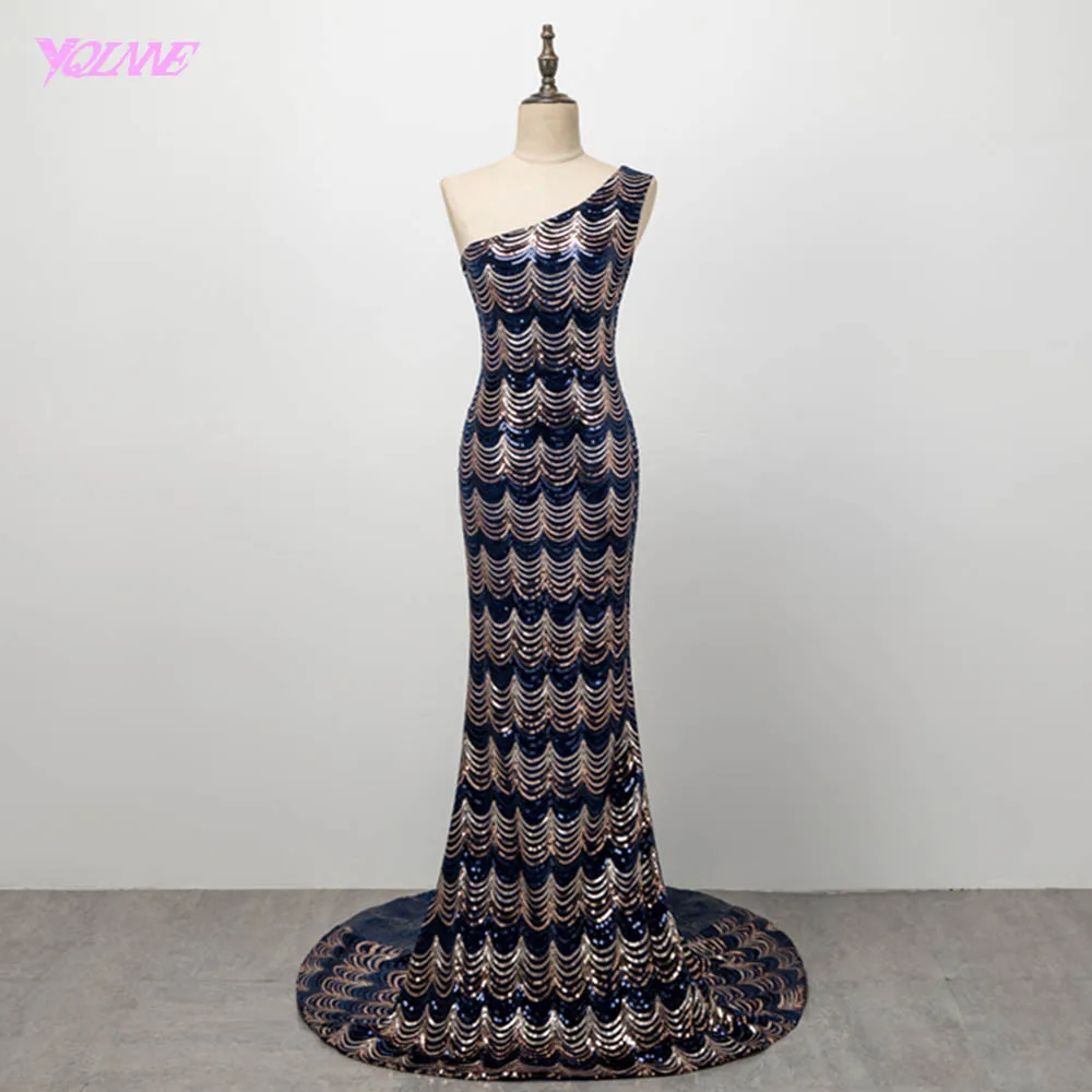 

YQLNNE 2018 One Shoulder Long Prom Dresses Navy Blue Mermaid Evening Party Dress