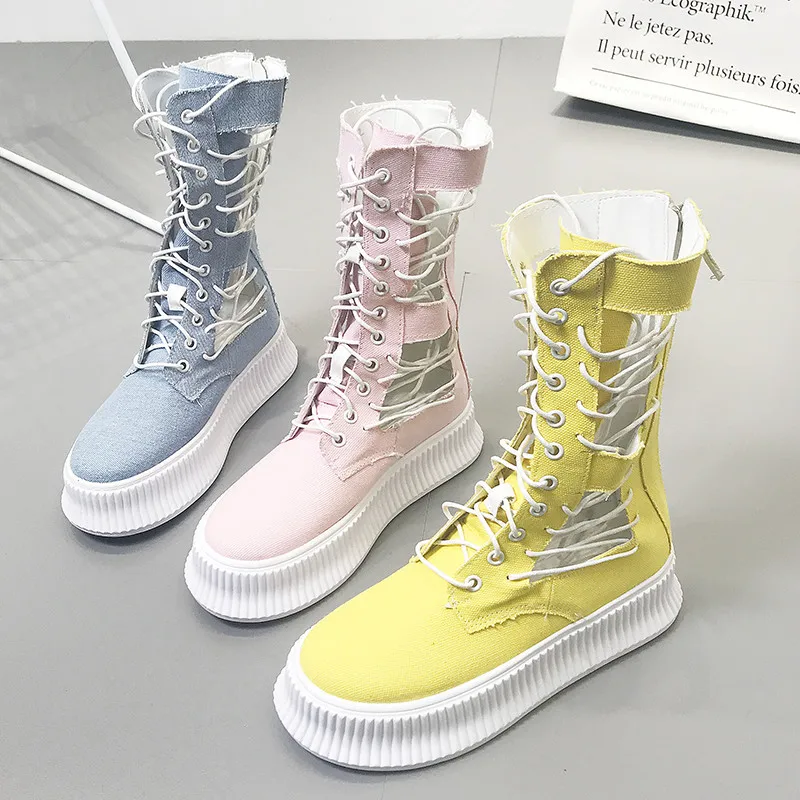 

Women's Summer Boots Ladies Platform Heel Flat Bottom Breathable Canvas Mid Calf Boots Cross Tied Peep Toe Shoes 2#15D50