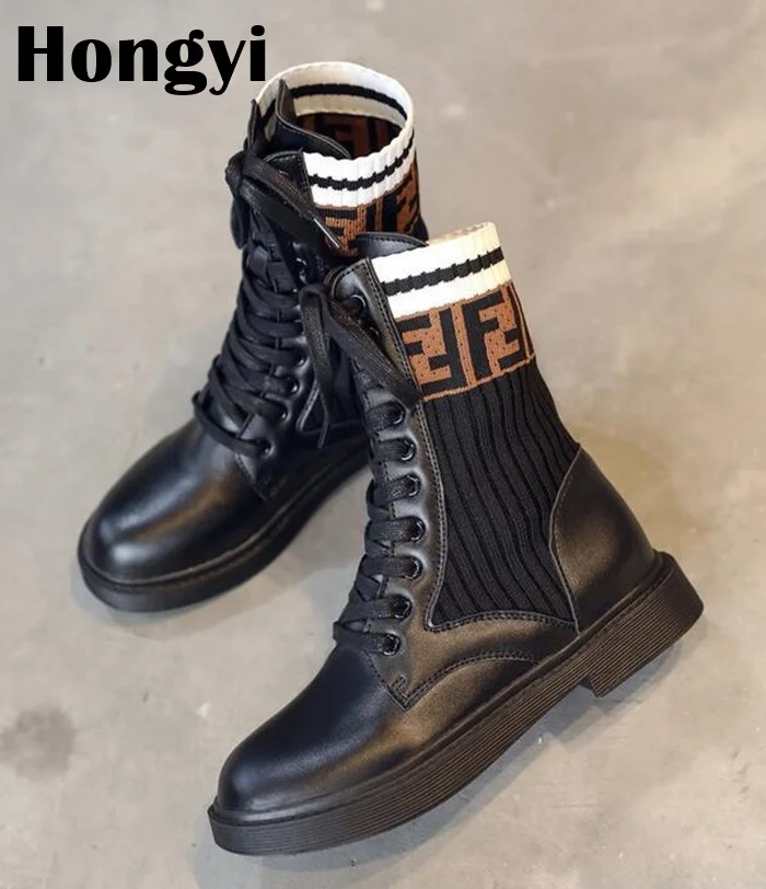 

Fashion Lace Up Sock Boots Women Low Heeled Platform Winter Elastic Band Rubber Motorcycle Boots Botas Mujer 2018