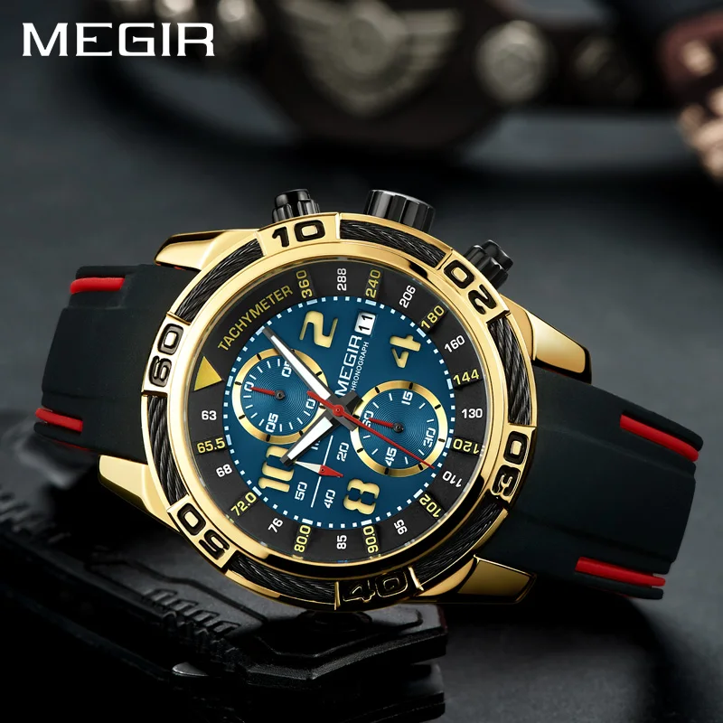 Billig MEGIR Silikon Sport Uhr Männer Relogio Masculino Top Marke Luxus Chronograph Armee Militär Uhren Uhr Männer Quarz Armbanduhr