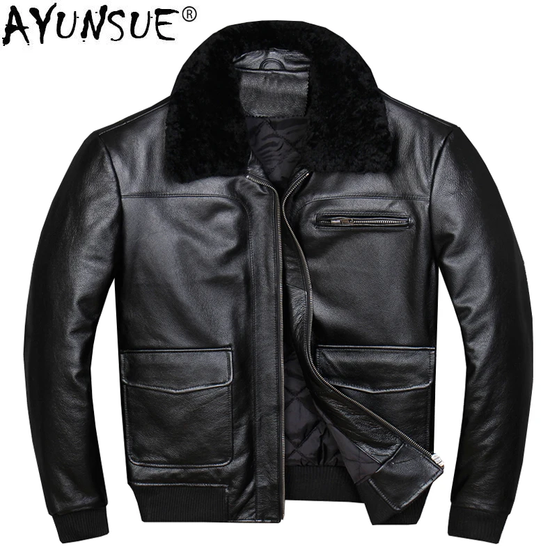 AYUNSUE Genuine Leather Jacket Men Autumn Winter Sheepskin Coat Pilot Bomber Jacket Wool Collar Short Real Leather 818 KJ1338