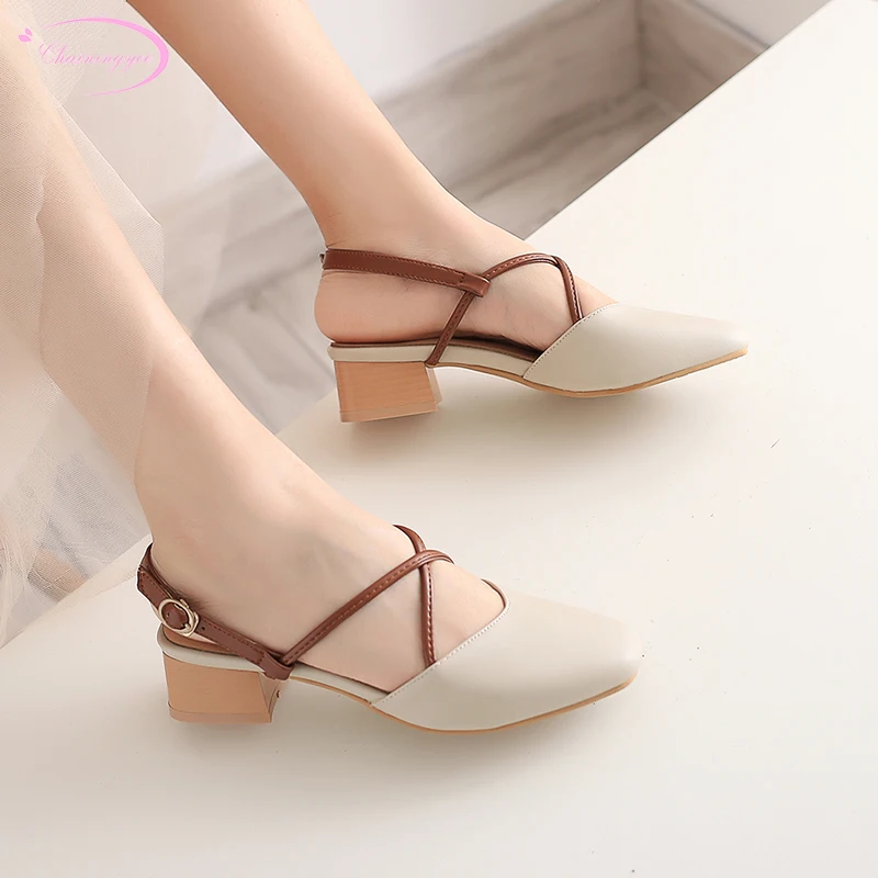 

Korean sweet style round toe summer sandals fashion belt buckle color matching apricot brown black medium heel thick women shoes