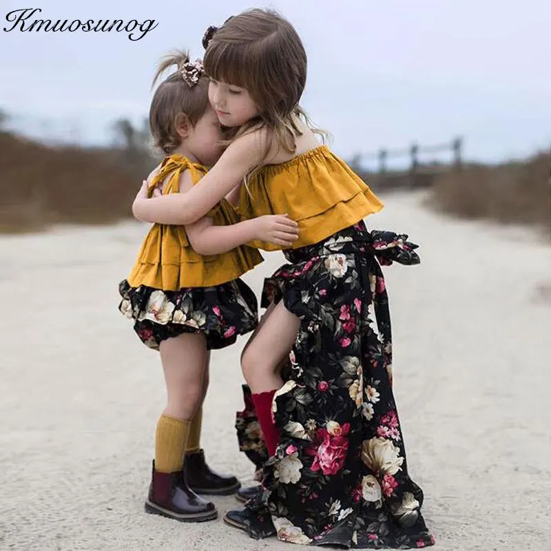 

New Sister Match Summer Outfits Off shoulder Strap Crop Tops Floral Tutu + Bloomers Shorts Skirt 2PCS Set Family Clothes H0431