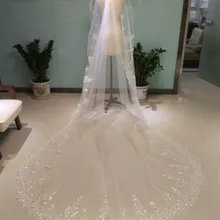Роскошная блестящая бисероплетенная Стразы, кружевная кромка, длина собора для свадьбы, Длинная фата невесты с расческой, цвет белый, слоновая кость