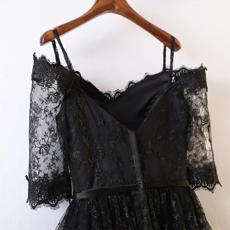 Вечернее платье высокого качества асимметричные вечерние платья vestido de festa Robe De Soiree с коротким рукавом черное вечернее платье с кружевом