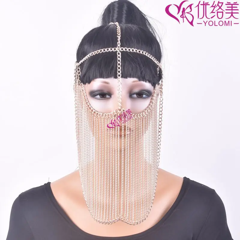 

YOLOMI Face Mask Body Jewelry Sexy Face Veil Headpiece Multi Layer Metal Head Chain Headdress Jewelry Forehead Headband